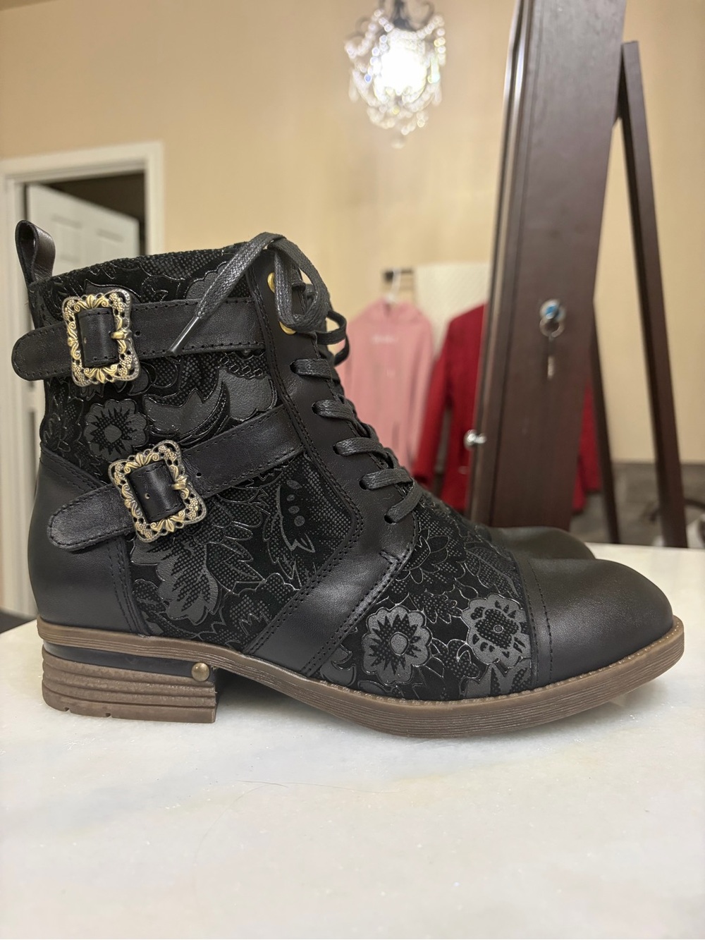Metcandy Tapestry Brocade Leather Combat Boots Cap Toe Baroque Cottagecore 8